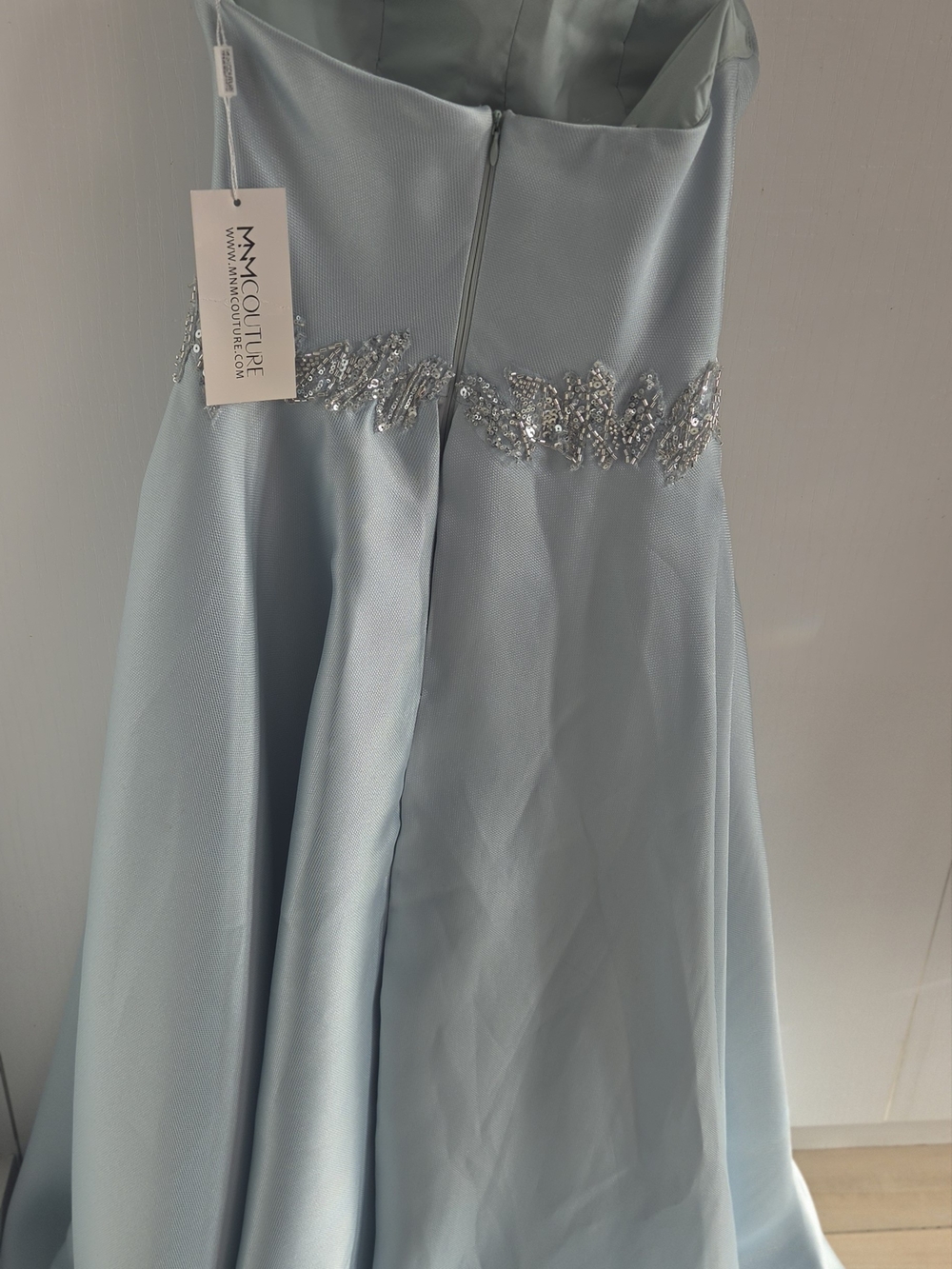 MNM Couture Strapless Ice Blue Embellished Gown with Draped Overskirt - Picture 5 of 5
